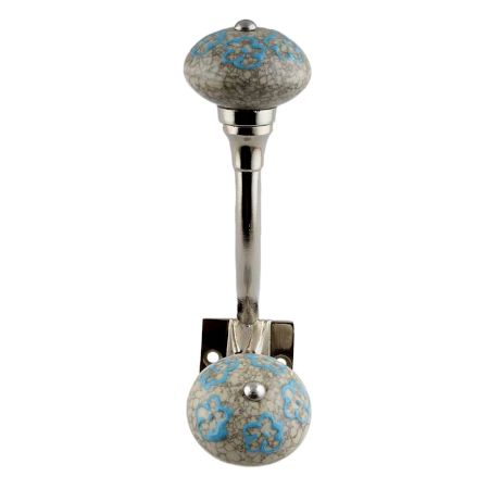 Sky Blue Floral Crackle Ceramic Silver Iron Hook